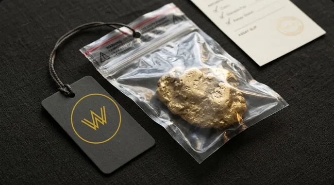 Illustration: a sealed security pouch of raw gold with a charcoal tag bearing the Wangara Gold seal, beside an assay slip